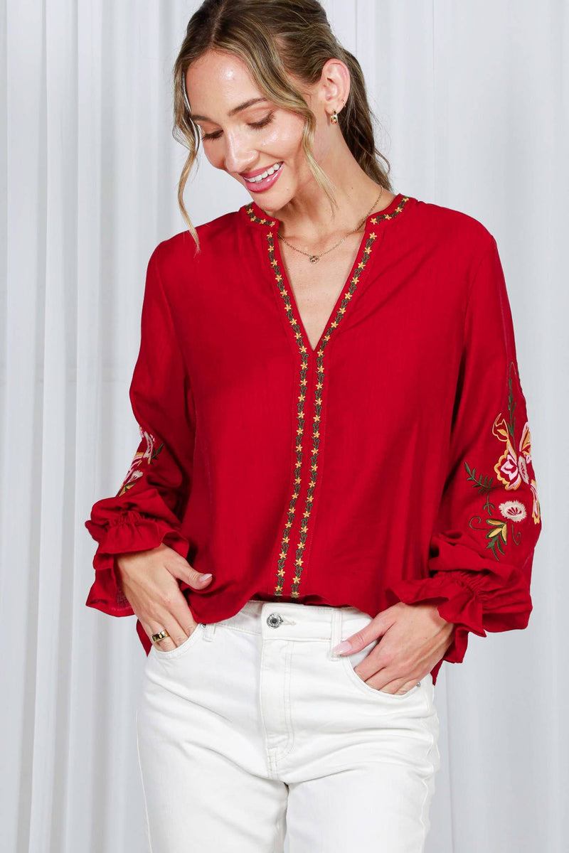 Bohemian Floral Embroidered Round Split Neck Blouse - Rust