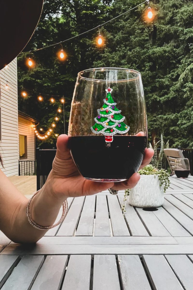 Christmas Tree Jeweled Stemless Wine Glass