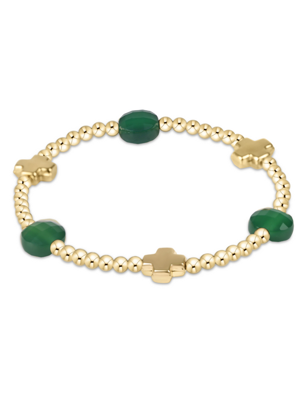 Signature Cross Admire Gold Pattern 3mm Bead Bracelet - Green Onyx