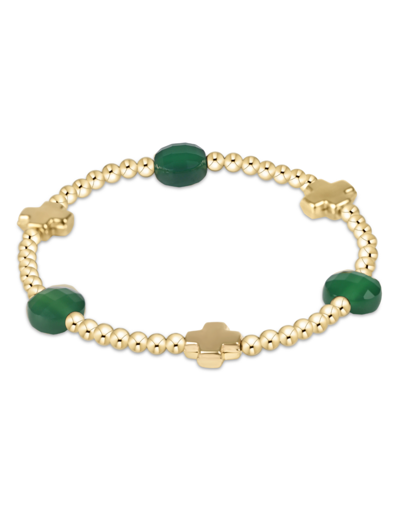 Signature Cross Admire Gold Pattern 3mm Bead Bracelet - Green Onyx