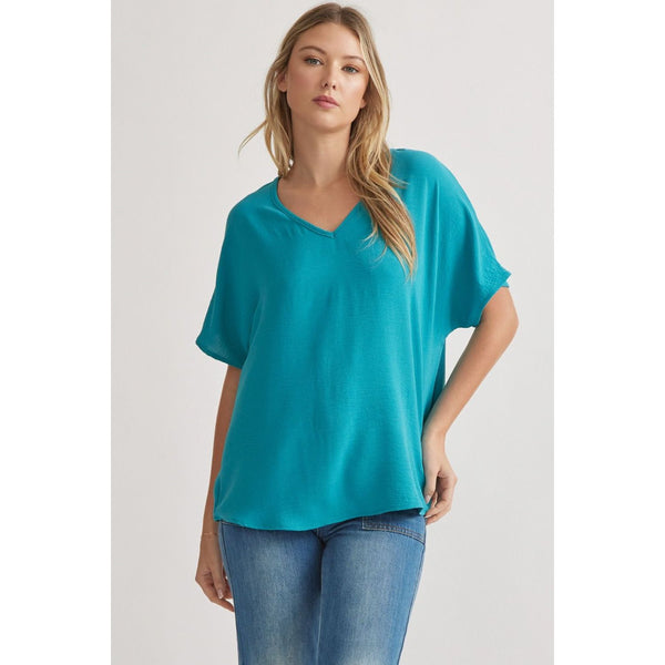 Turquoise Short Sleeve V-Neck Top