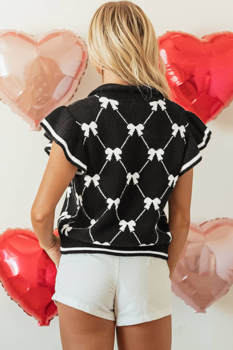 Preppy Vibes Bow Checkered Print Zipped Collar Sweater: Black