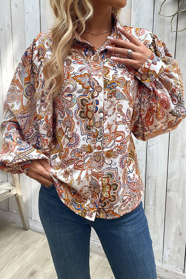 Paisley Floral Printed Button Bubble Sleeves Blouse