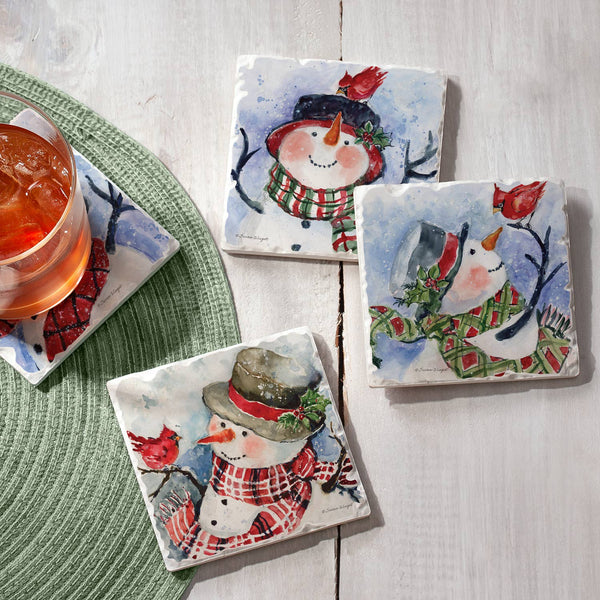 Watercolor Snowman Assorted Image Tumbled Tile Coaster 4 Pk