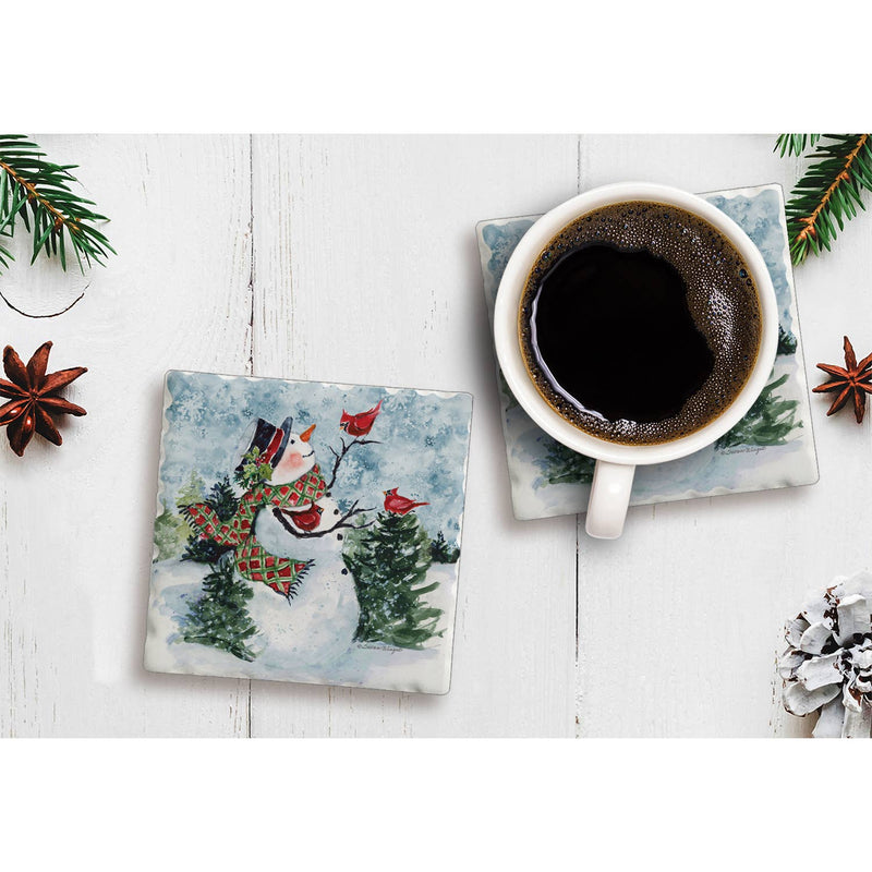 "Snowman Perch" Single Absorbent Stone Tumbled Tile Coaster