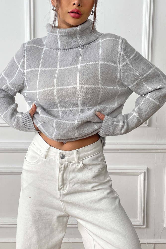 Gray Plaid Knit Turtle Neck Sweater