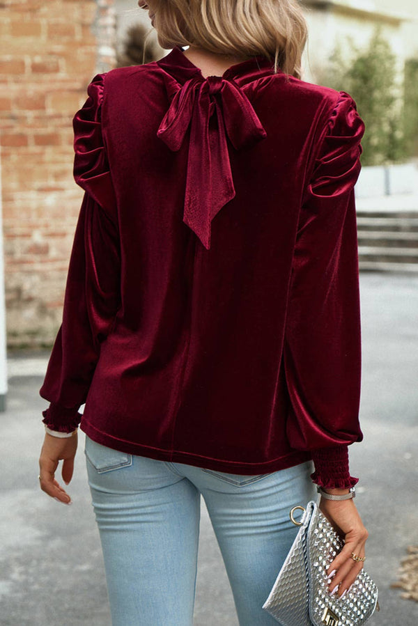 Mock Neck Puff Sleeve Velvet Blouse: Fiery Red