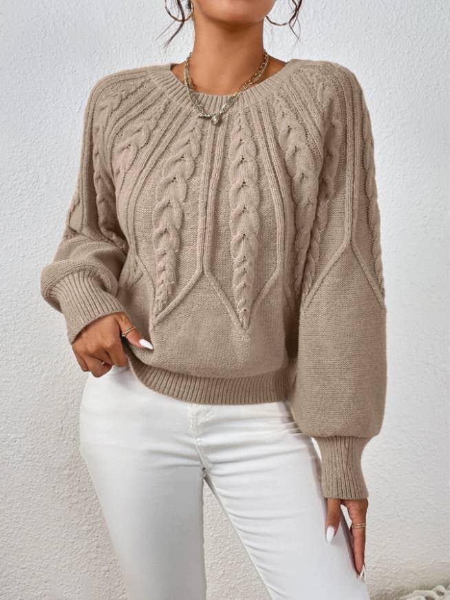 Cable Knit Sweater: Brown / M