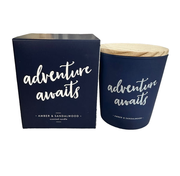 Navy Adventure Awaits Candle - Amber and Sandlewood