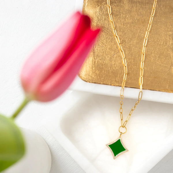 Green Diamond Pave Pendant Paperclip Chain Necklace Gold