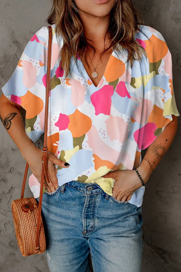 Multicolor Abstract Print V Neck Half Sleeve Blouse