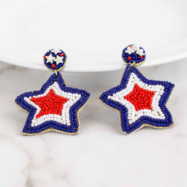 Firework Star Beaded Earrings Red/White/Blue 2.5”