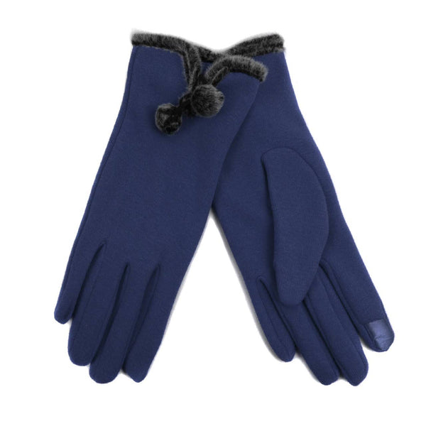 Women's Stylish Touch Screen Gloves with Fur Trim & Fleece: Navy / Small / Medium