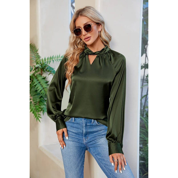 LOOSE FIT KEYHOLE NECK BUTTON CUFF GLOSSY BLOUSE ARMY GREEN