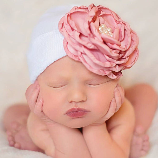 SILK ROSE WITH PEARLS Newborn Hat