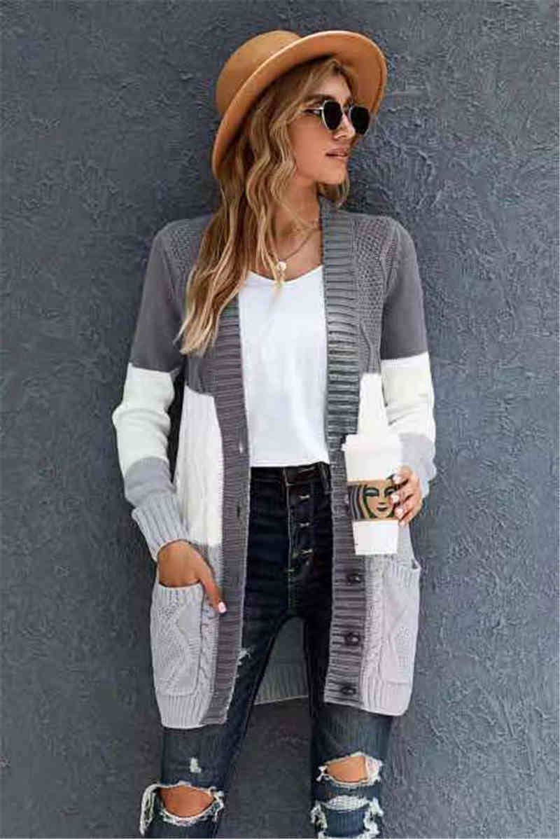 Cable Knit Color Block Button Cardigan