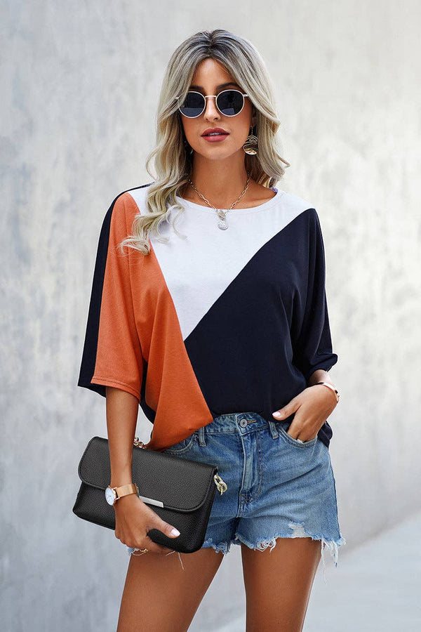 Color Block Half Sleeve T-Shirt Orange/Navy/White