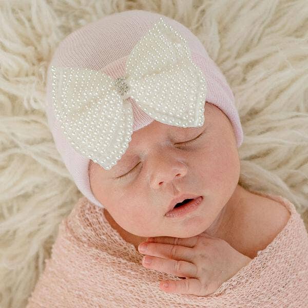 PEARL BOW Pink Newborn Hat