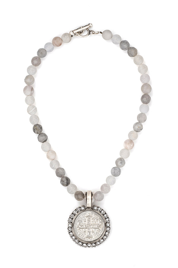 Ashen Silk Mix Swarovski Brillante Bezel, Pearl Cabs and Saint Benedict Medallion Necklace