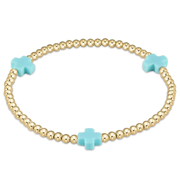 Extends Turquoise Signature Cross Gold Pattern 3mm Bead Bracelet