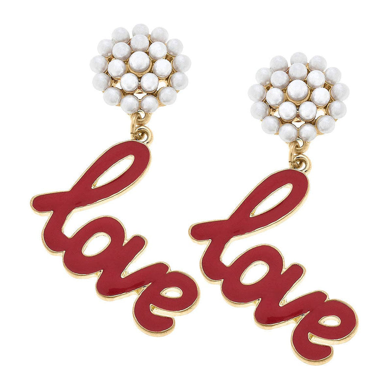 Love Pearl Cluster & Enamel Drop Earrings in Red