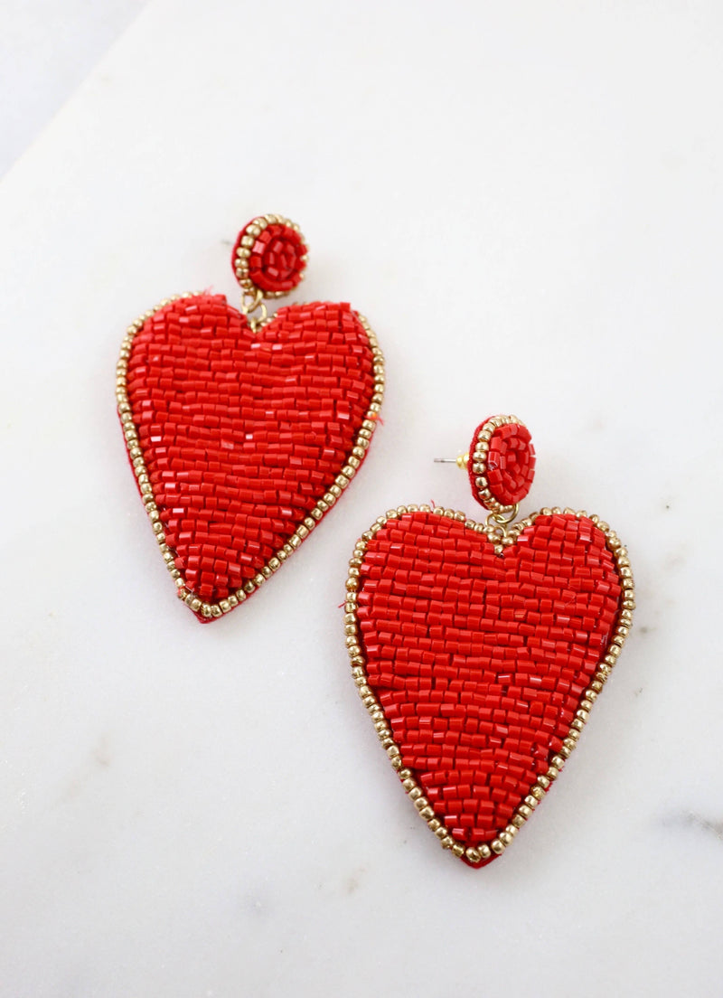 Lovely Heart Beaded Earring RED