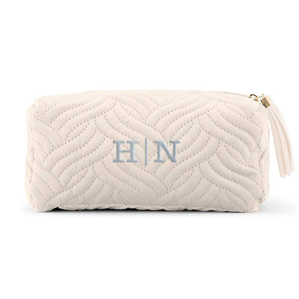 Small Velvet Quilted Makeup Bag For Women- Ivory Beige