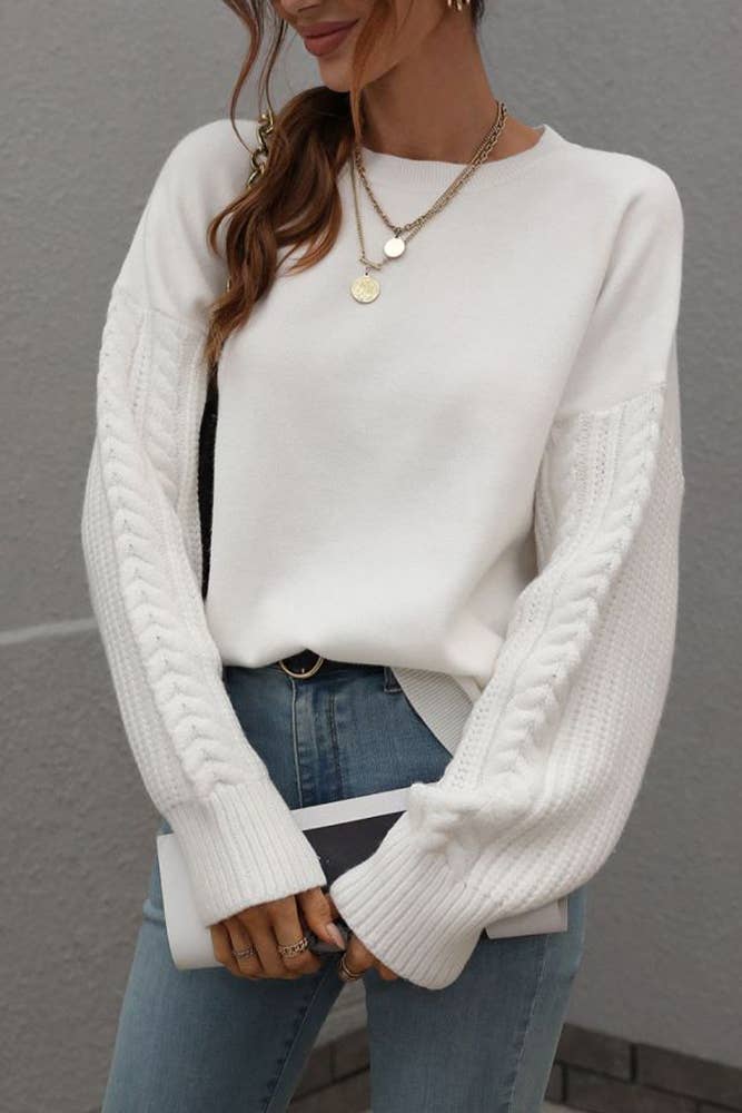 Cable Knit Sleeves Plain Pullover Sweater