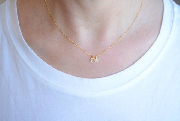 Gold necklace with cz moon and star pendant