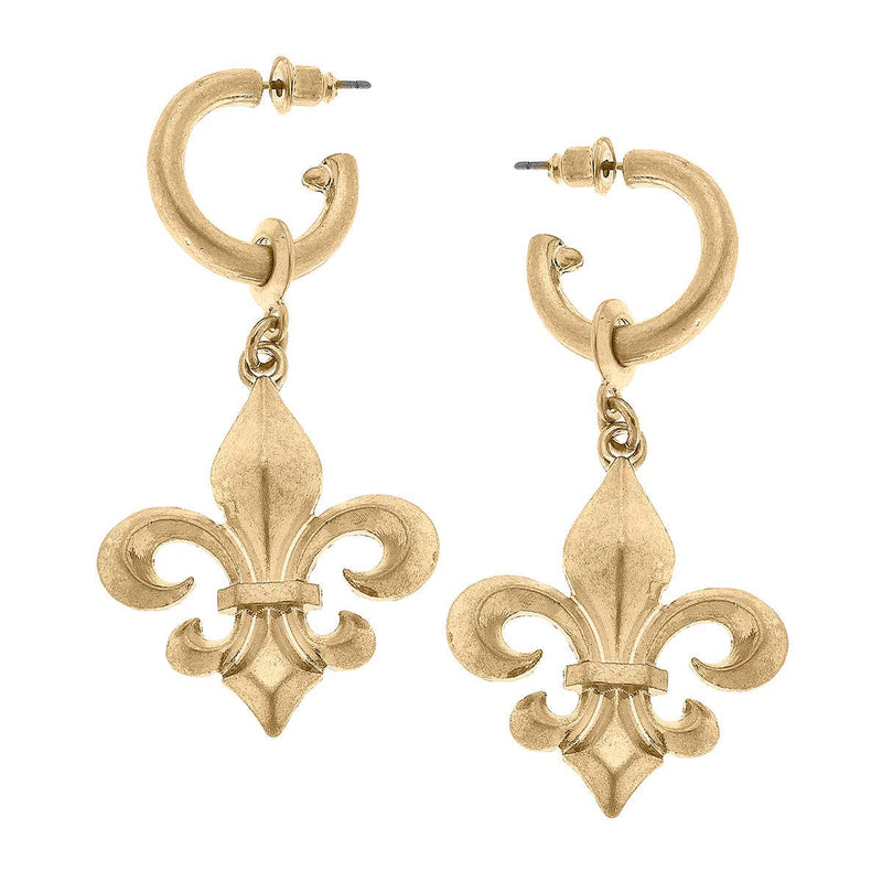 Lourdes Bourbon Fleur de Lis Drop Hoop Earrings in Worn Gold