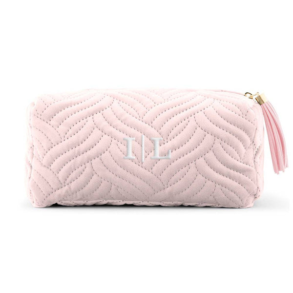 Small Velvet Quilted Makeup Bag For Women- Blush Pink