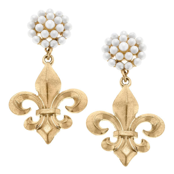 Manon Bourbon Fleur de Lis & Pearl Cluster Drop Earrings in Worn Gold