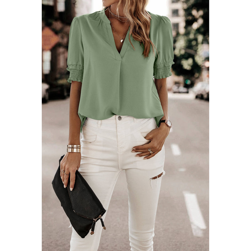 Smocked Detail V-Neck Blouse
