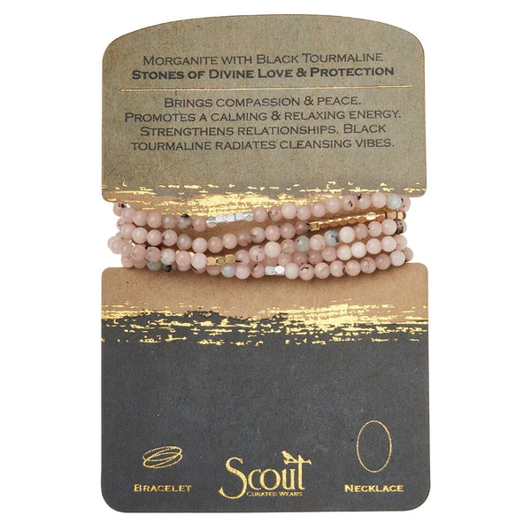 Stone Wrap Bracelet/Necklace Morganite/Black Tourmaline/Gold & Silver - Stone of Divine Love & Protection