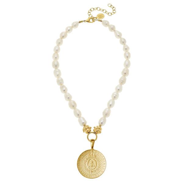 Gold Napoleon Bee Coin on Fresh Water Pearl Necklace