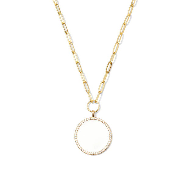 White Circle Pave Pendant Paperclip Chain Necklace Gold