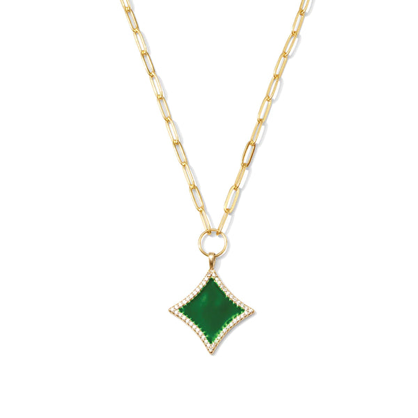 Green Diamond Pave Pendant Paperclip Chain Necklace Gold