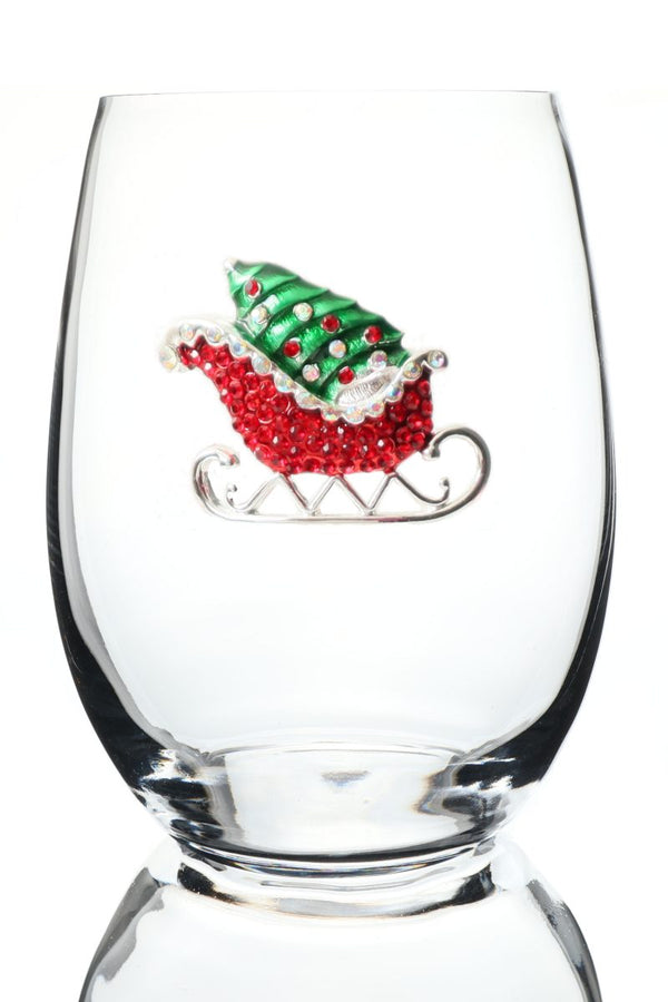 Red Christmas Sleigh Stemless Wine Glass