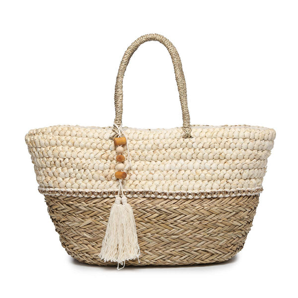 Lila Seagrass Two-Tone Tote w/ Wood Trim