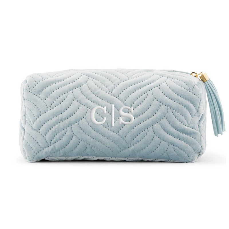 Small Velvet Quilted Makeup Bag For Women - Spa Blue