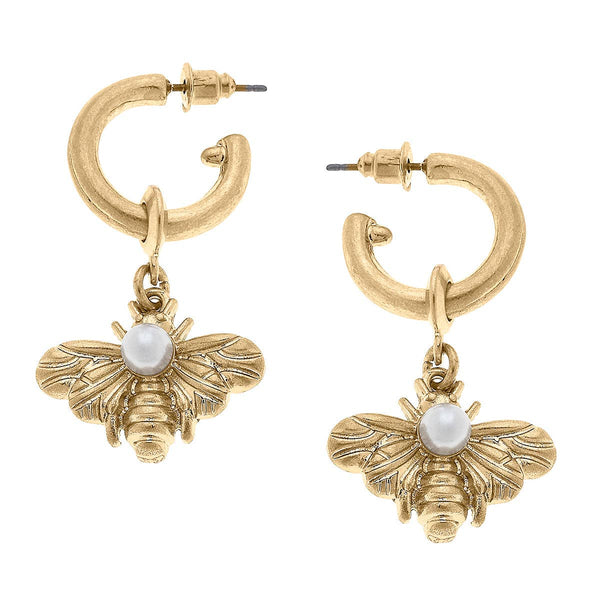 Martine Bee & Pearl Drop Hoop Earrings in Worn Gold