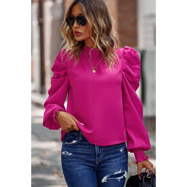 PEASANT SLEEVE HIGH NECK BLOUSE TOP ROSE