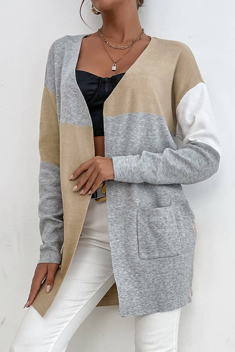 COLOR BLOCK OPEN FRONT CARDIGAN WITH POCKETS