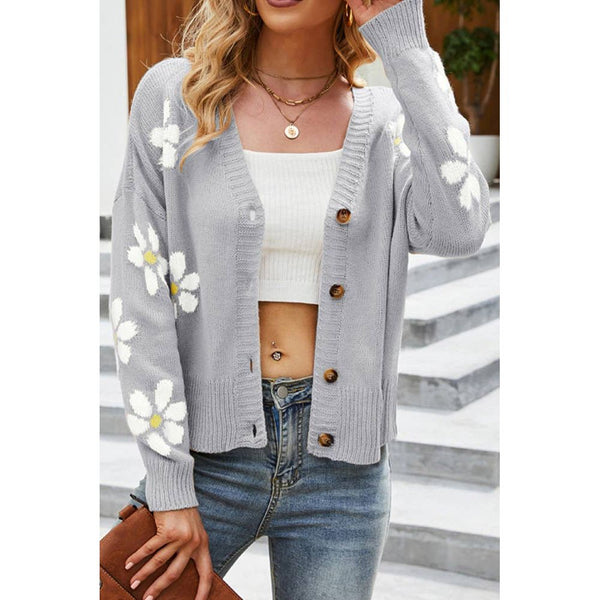 Loose Single-Breasted Flower Knit Cardigan