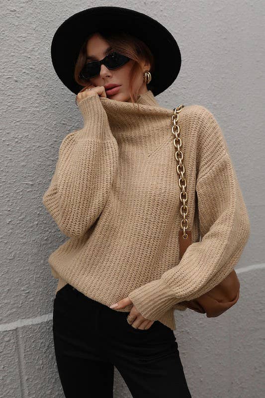 TURTLE NECK LOOSE SLEEVE KNIT SWEATER-CAMEL