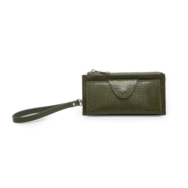 Olive Kyla Snake RFID Wallet w/ Snap Closure and Zip Change Pocket
