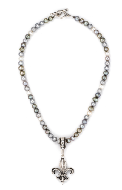 17” Tri-Color Freshwater Pearls, Silver Cab Bail with Pearl and Fleur Pendant