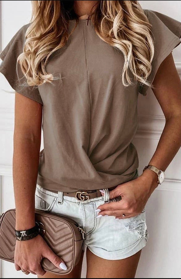 Classic Solid Flutter Short Sleeve Top - Taupe