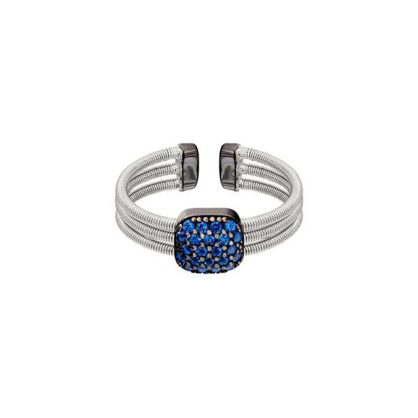 Rhodium Three Cable Cuff Ring with Black Rhodium Simulated Blue Sapphire Pillow