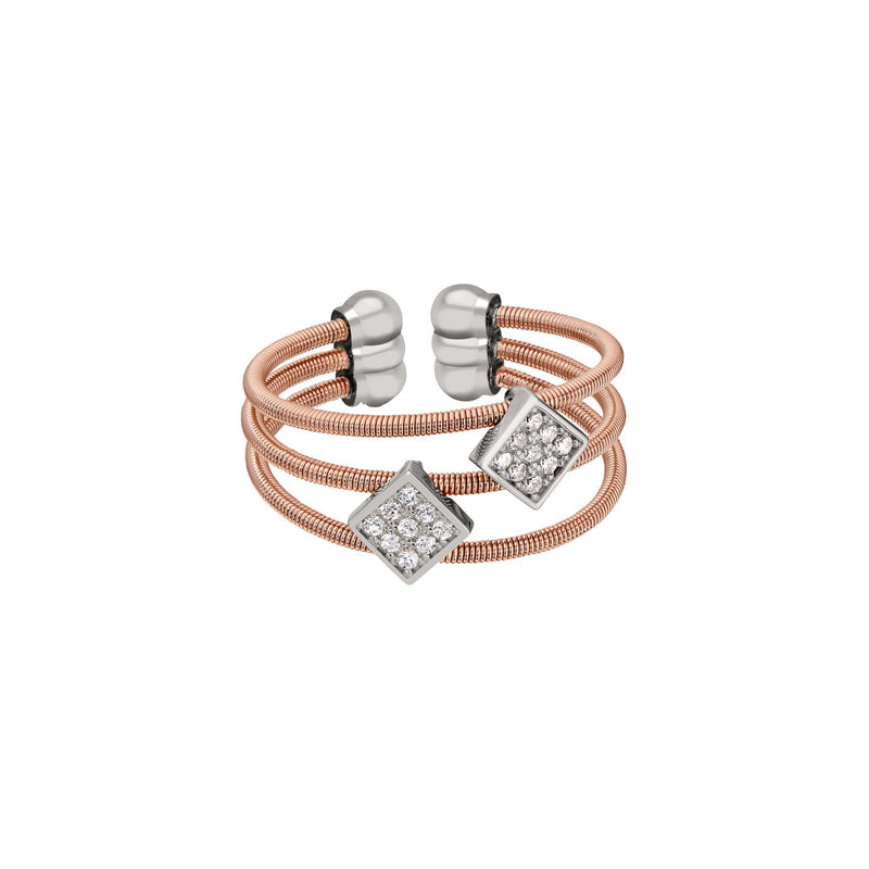 Rose Gold Three Cuff Cable Ring with Two Rhodium Simulated Diamond Squares